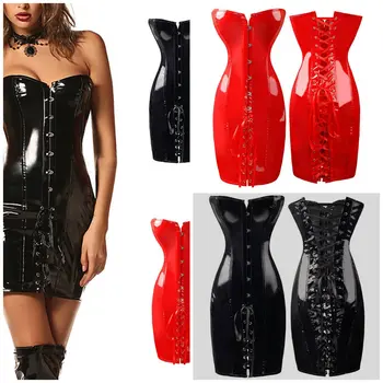 

Black Red Women Sexy Long PU Leather Corset Gothic Dress Shiny PVC Leather Boned Bustier Top Lace Clubwear Corselet
