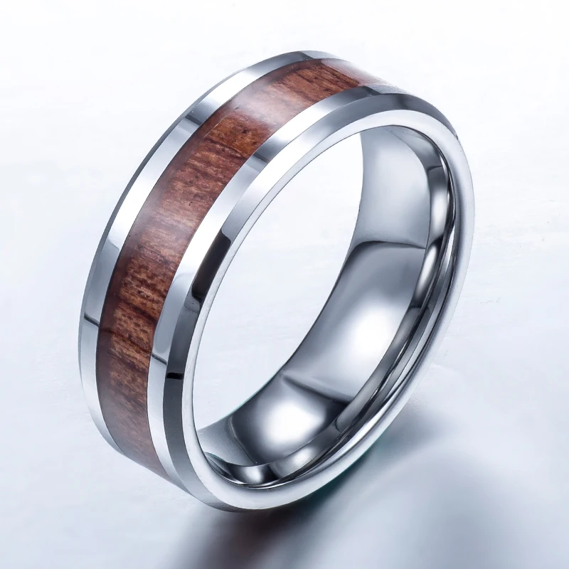 VR019 Men's Boys Tungsten Carbide Ring Silver Brown Wood