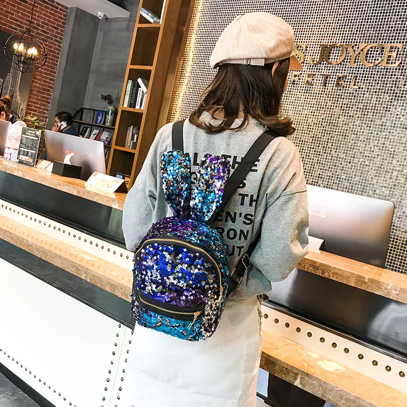 

mylb 2018 Mini Sequins Backpack Cute Rabbit Ears Shoulder Bag For Women Girls Travel Bag Bling Shiny Backpack Korean version