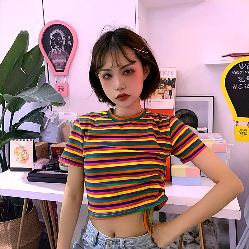 

Fashion Korean Summer Short Sleeve Rainbow Striped Side Drawstring Adjustable Crop Top Slim Cute T Shirt Kawaii T-shirt Harajuku