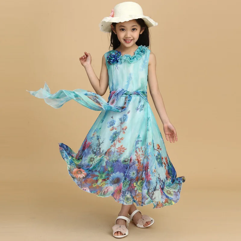 Летняя детская одежда, платье с цветочным рисунком для маленьких девочек, богемное шифоновое модное пляжное платье