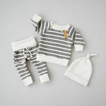 

3PCS Newborn Baby Boys Girls Fastener T shirt Pants Hat Striped Outfits Cotton Clothes