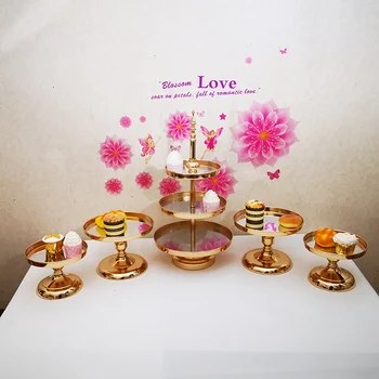 

Crystal Pendant Cake Stand Mirror Surface Wedding Dessert Tray gold color
