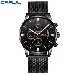 CRRJU для мужчин нержавеющая сталь сетки водонепроницаемые часы Multi-function Хронограф Дата Часы Черный Часы Relogio Masculino