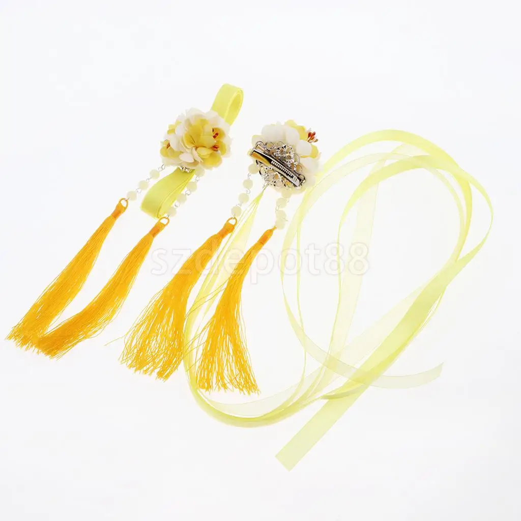 Ribbon Flower Chain Tassel Ancient Chinese Headdress Clip & Beads Dangle Earring Set Bridal Wedding Cosplay Party Hair Jewelry