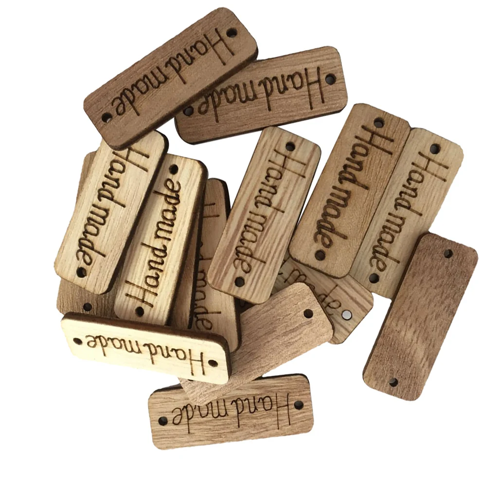 100Pcs Handmade Tag Label Wooden Buttons Wood Handmade Tags Button with 2 Holes for Crafts Sewing Clothing Decoration