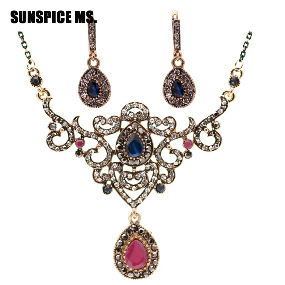 

Vintage Women Flower Jewelry Sets Earring Necklace Turkish Resin Drop Pendant Hollow Roll Grass Pattern Bijoux Gift