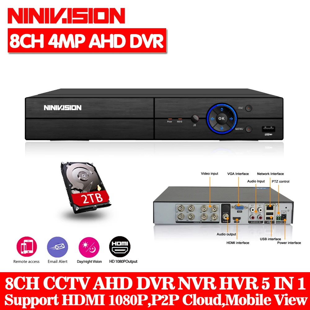 

NINIVISION 4CH 8CH 4MP 3MP 5in1 Hybrid AHD DVR NVR Digital Video Recorder Register Support CVBS AHD TVI CVI IP Camera 5MP Onvif