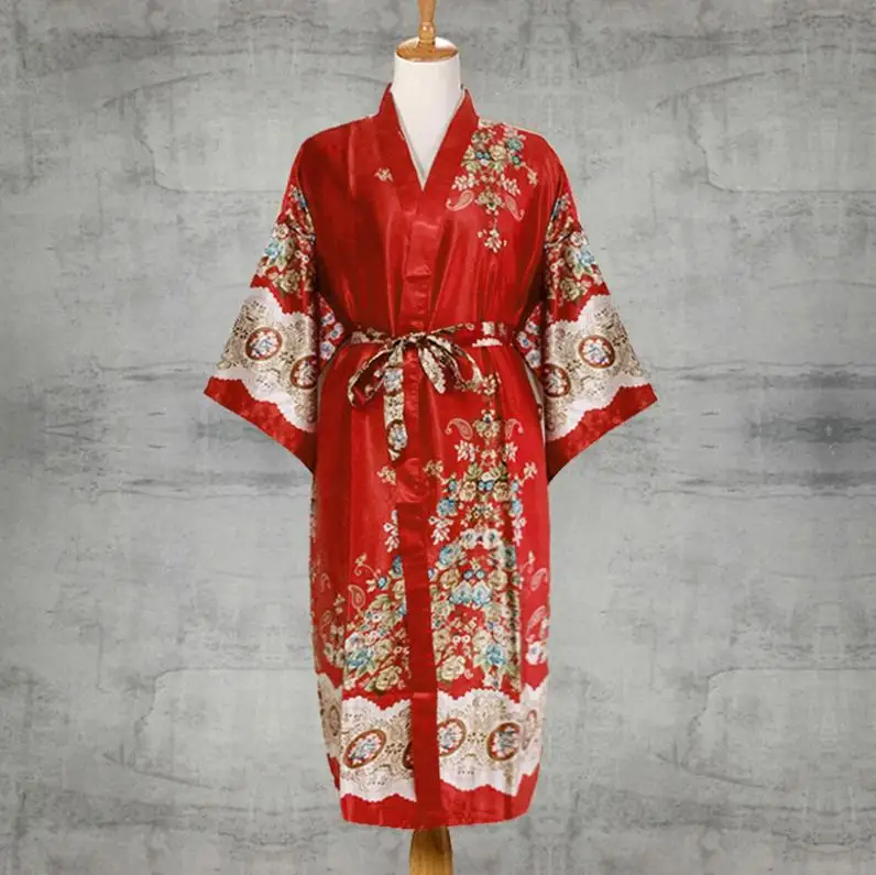 Прямая с фабрики, зеленый китайский Мужской Атласный халат из искусственного шелка, кимоно с принтом, банное платье, летняя новая Повседневная Домашняя одежда, мужская ночная рубашка - Цвет: Red