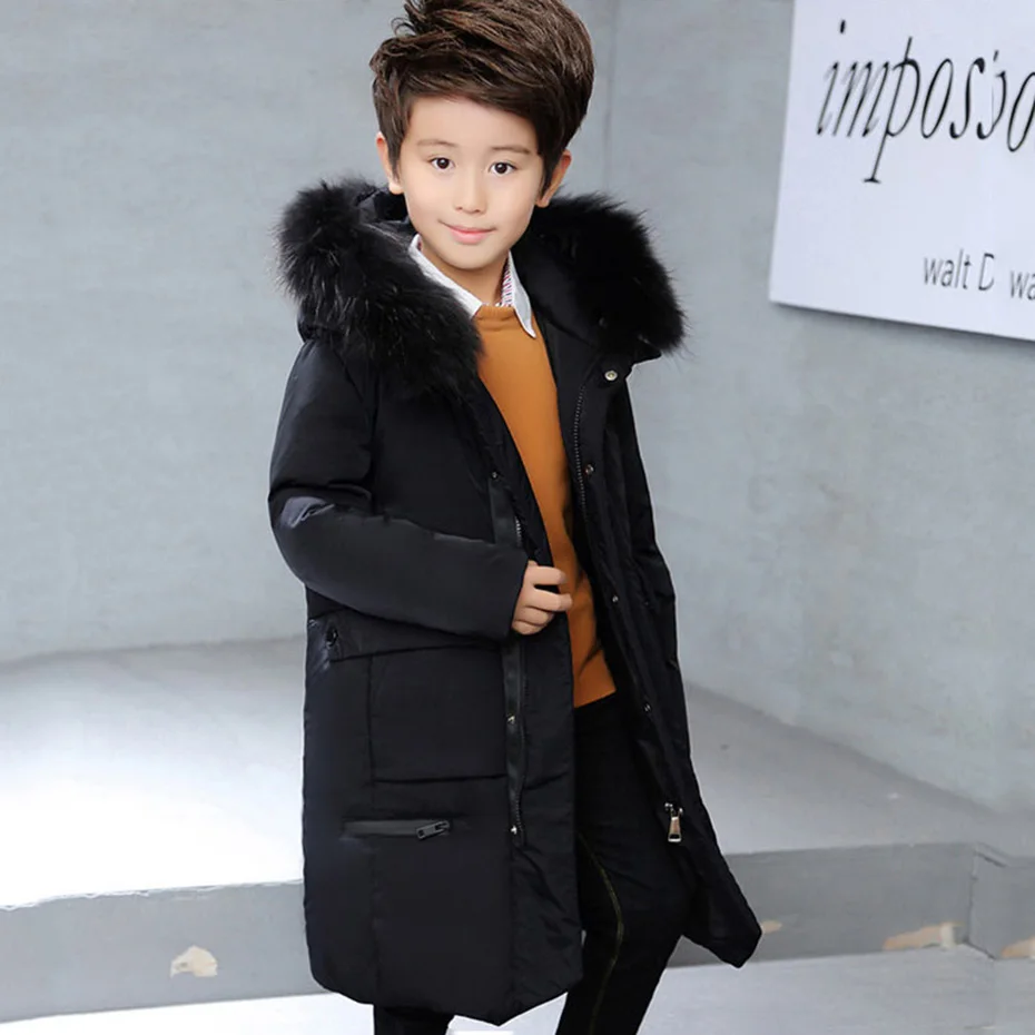 

2018 Winter Jacket For Boys Solid Warm Thick Boys Down Jackets Fur Hooded Kids Coat Autumn Teenage Clothes For Boys 6 8 12 Years