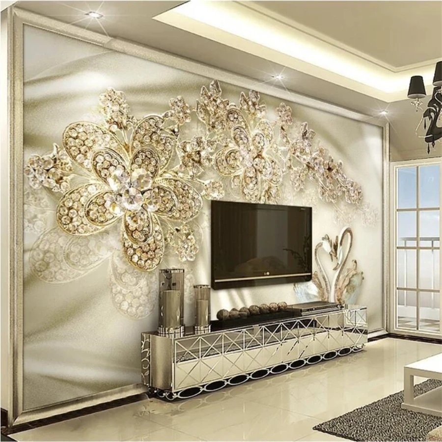 На заказ обои 3d фрески золотые Драгоценности цветы Лебедь шелк 3d Европейский диван фон обои для стен 3d papel де parede