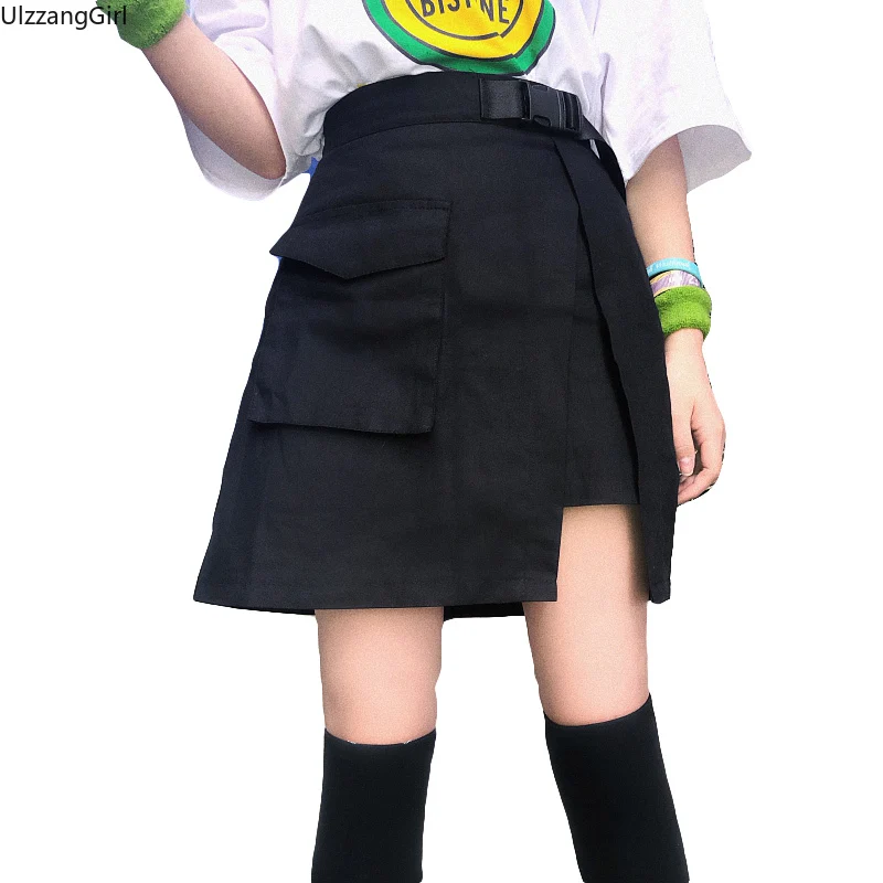 

Elegant High Waist Belt Sashes Cargo Pocket Slim Asymmetry Mini Skirt Gothic Korean Streetwear Harajuku Short Tracksuit Women
