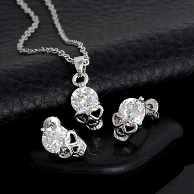 

Gold Silver Color Skull Jewelry sets for Women Necklace & Earrings stud parure bijoux femme Crystal pendant wedding jewelry 1set