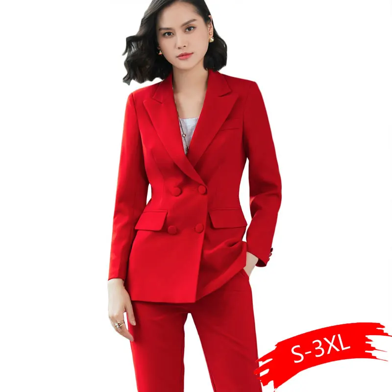 New Office Work Blazer Suits Of High Quality OL Women Pants Suit Blazers Jackets With Trouser Two Pieces Set Red Pink Blue