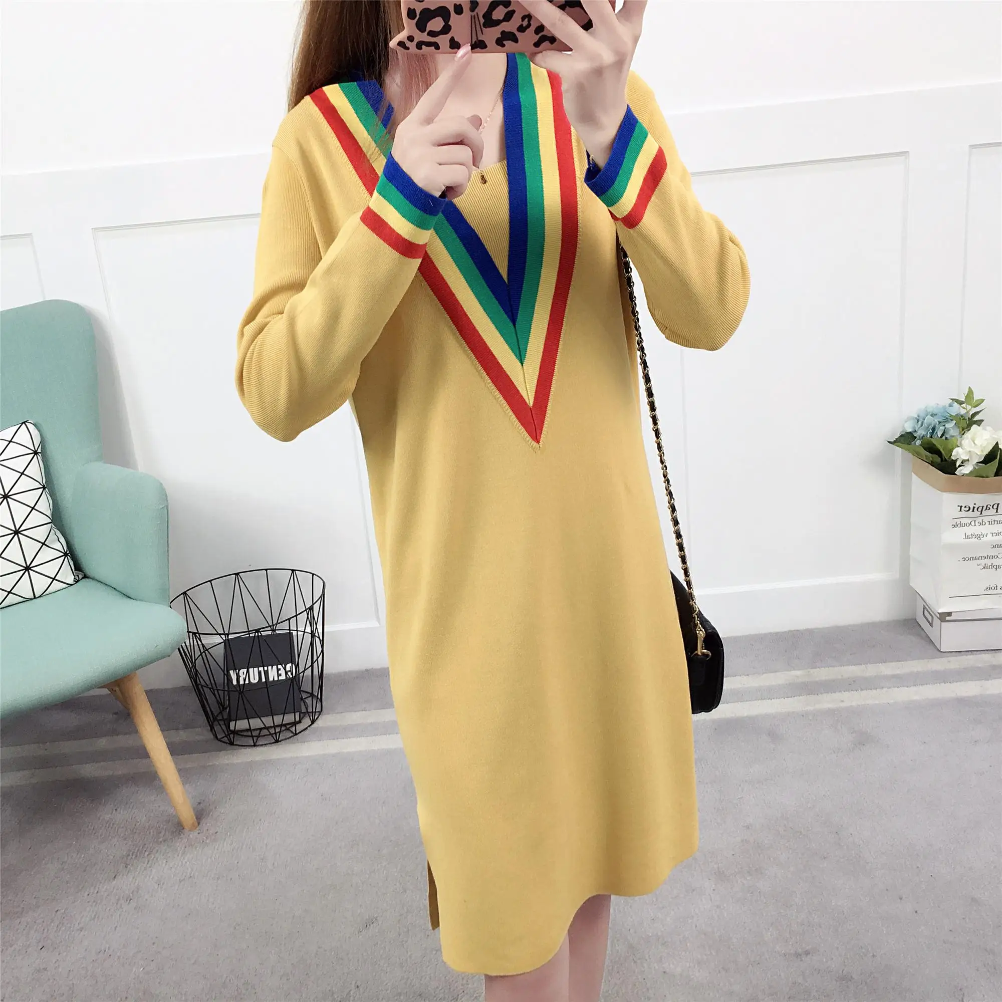 

2019 autumn maternity v-neck knitting nursing dresses block color striped zipper breastfeeding knitted pullovers lactation