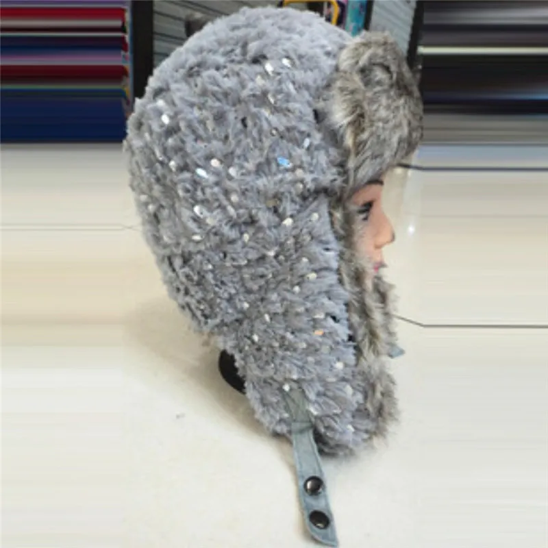 Женские шапки с блестками, зимняя теплая женская шапка с ушками, Повседневные шапки в русском стиле, черные шапки, рождественские подарки, шапки 020