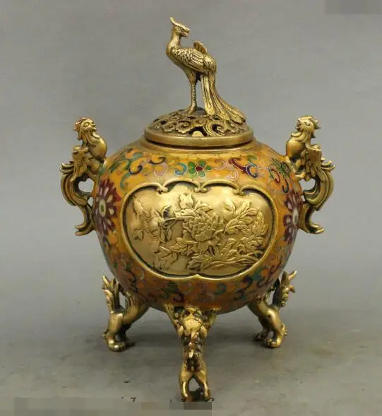 

S02601 9" Old Chinese Bronze Cloisonne Enamel Phoenix Lion Statue Incense Burner Censer (B0413)