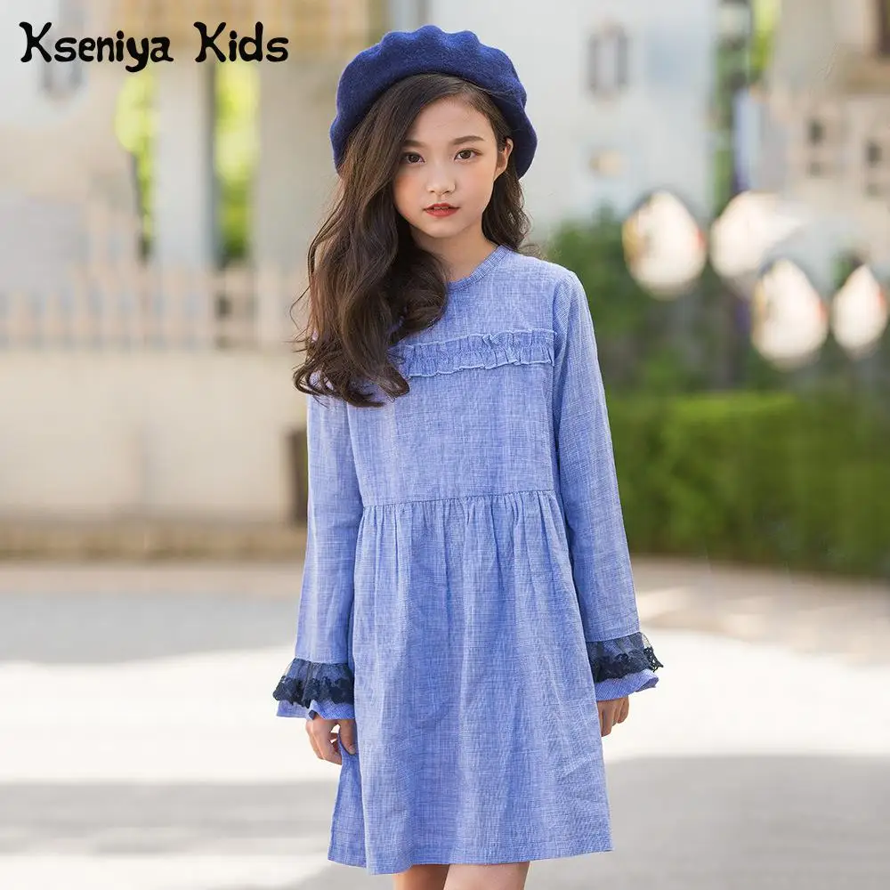 

Kseniya Kids Big Girls Teenagers Young Girl Blue Cotton Lace Long Sleeve Spring Autumn Elegant Dress Designer Dresses 6-14y