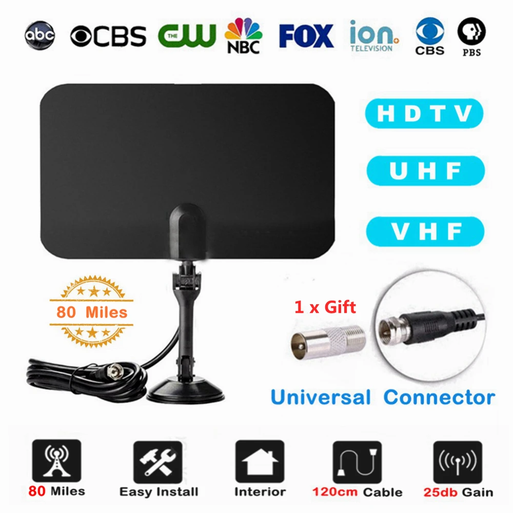 

80 Miles Indoor Digital TV Antenna + Bracket Holder HDTV UHF VHF TV Antena DVB-T DVB-T2 ATSC ISDB Aerial Amplifier As Seen On TV