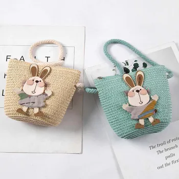 

Fashion Children's Mini Handbag Handmade Straw Tote Kawaii Wallet Summer Beach Shoulder Bag Party Shopping Coin Purse