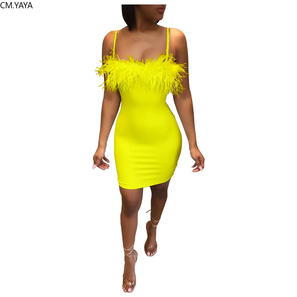 

2019 women summer spaghetti strap feather splicing mini midi bodycon dress sexy club night party vestido dresses 3color GLYT3166