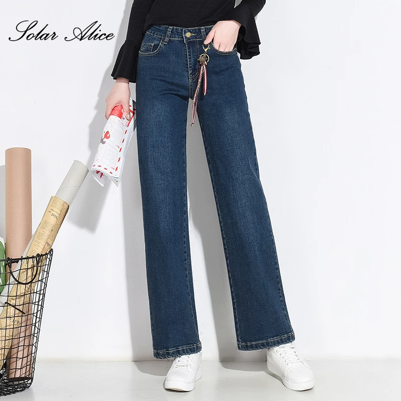 

SOLAR ALICE 2019 Free Shipping Mid Waist Women Jeans Blue Solid Washed Pockets Wide Leg Pants Plus Size Loose Female Jeans