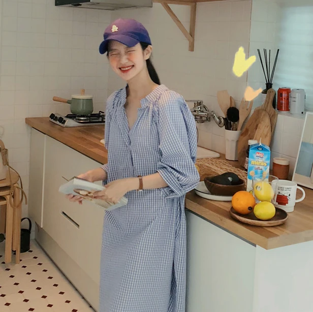 

Long Shirt Dress for Women Long Sleeve Straight V-neck Loose Plaid Split Hem Vestidos 2019 Spring Casual Lady Dress Robe Femme