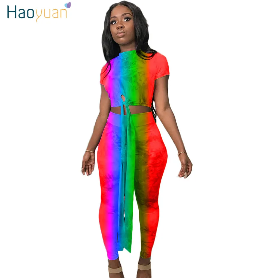 

HAOYUAN Tie Dye Plus Size Two Piece Set Women Sexy Club Outfits Summer Clothes Crop Top and Bodycon Pant Festival Matching Sets