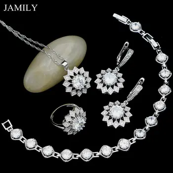 

925 Silver Wedding Jewelry Sets For Women White Stone Cubic Zirconia 2018 Fashion Earrings/Pendant/Ring/Necklace/Bracelet