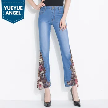 

New Fashion Women Sexy High Waist Lace Floral Embroidery Flare Jeans Beads Plus Size Stretchy Ankle Length Wide Leg Skinny Pants