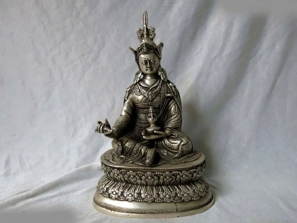 

9" China silver fine Buddhism Guru Padmasambhava buddha Sculpture Statue