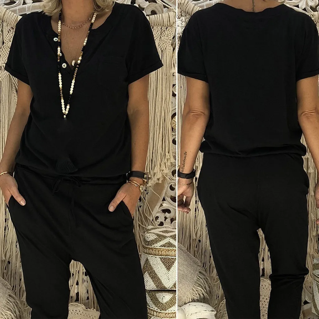 

Fashsiualy Women V-neck Jumpsuit Loose Long Jumpsuit Plus Size Casual Rompers with Pockets Office Lady Drop Shipping
