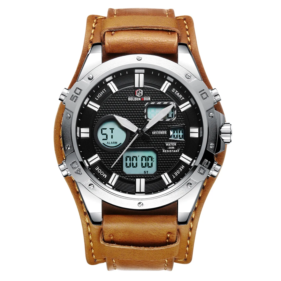 GOLDENHOUR Leder Sport Männer Analog Quarz Armbanduhr Armee Militär Datum Dual Display Outdoor_voghion.com