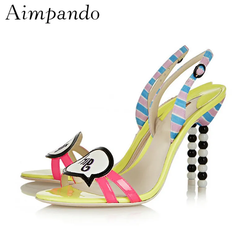 

Colorful Summer Sandalias Mujer Novelty String Bead High Heels Open Toe Back Strap Letters Sweet Gladiator Sandals Women