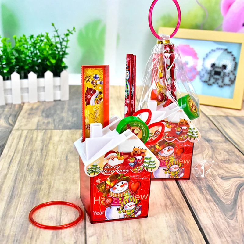 

Coloffice Christmas stationery set Small house pen holder pencils sharpener safe scissors sets Christmas party gift for children