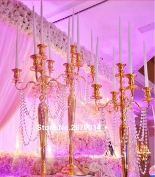

Tall 5 Arm metal golden iron wedding candle stand with crystal beads for mental aisle decoration