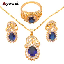 Joyería de moda Collar Chapado En Oro Pendientes de Cristal Azul Circón mejor calidad Anillo Sz #8 #9 #7 Joyería sets JS431A