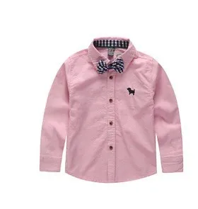 Весенняя рубашка для мальчиков, яркие цвета, галстук-бабочка, вышитый щенок, с длинными рукавами - Цвет: Розовый