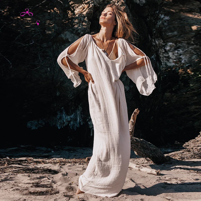 

Sexy Long Beach Dresses Women Bikinis Cover Up Long Sleeves Holiday Beach Tunic Holiday Women Dresses Retro Long Sarongs