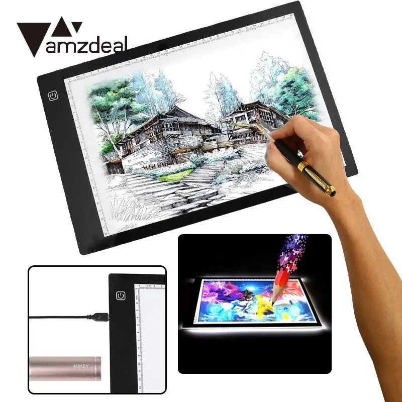 

amzdeal For A4DC LED Thin Stencil Drawing Display Board Tablet Tracing Drawing Display Board Table Pad 3 Gear Dimming US plug