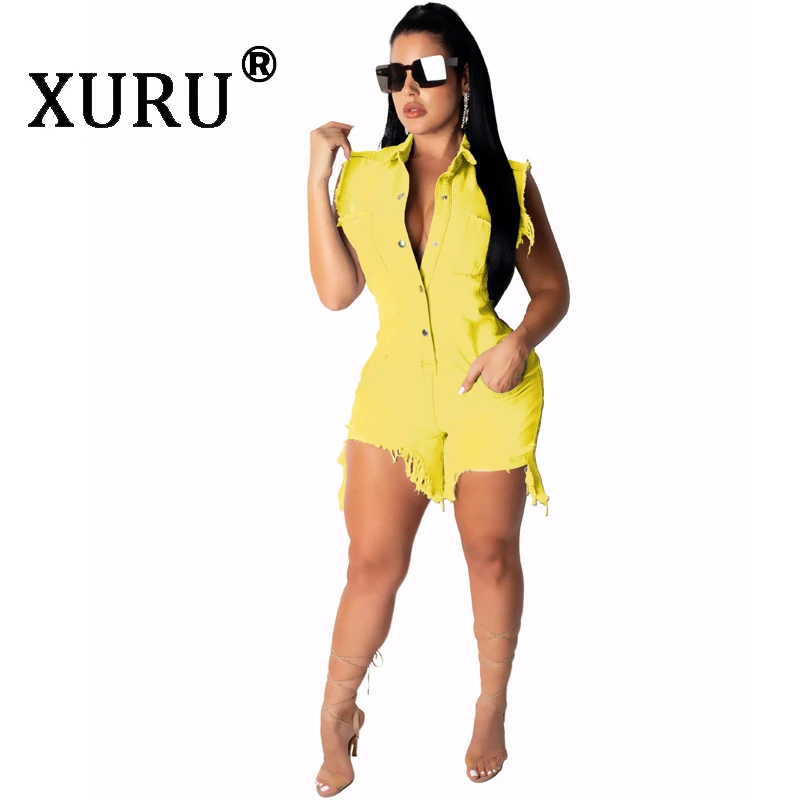 

XURU summer new women's denim jumpsuit street fashion casual hole jumpsuit pants wash denim multi-button jumpsuit shorts