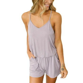 

Women Casual Rompers Jumpsuit Nightwear Clothes Fashion solid mini playsuit Clubwear Short Trousers Sleeveless V Neck Summer set