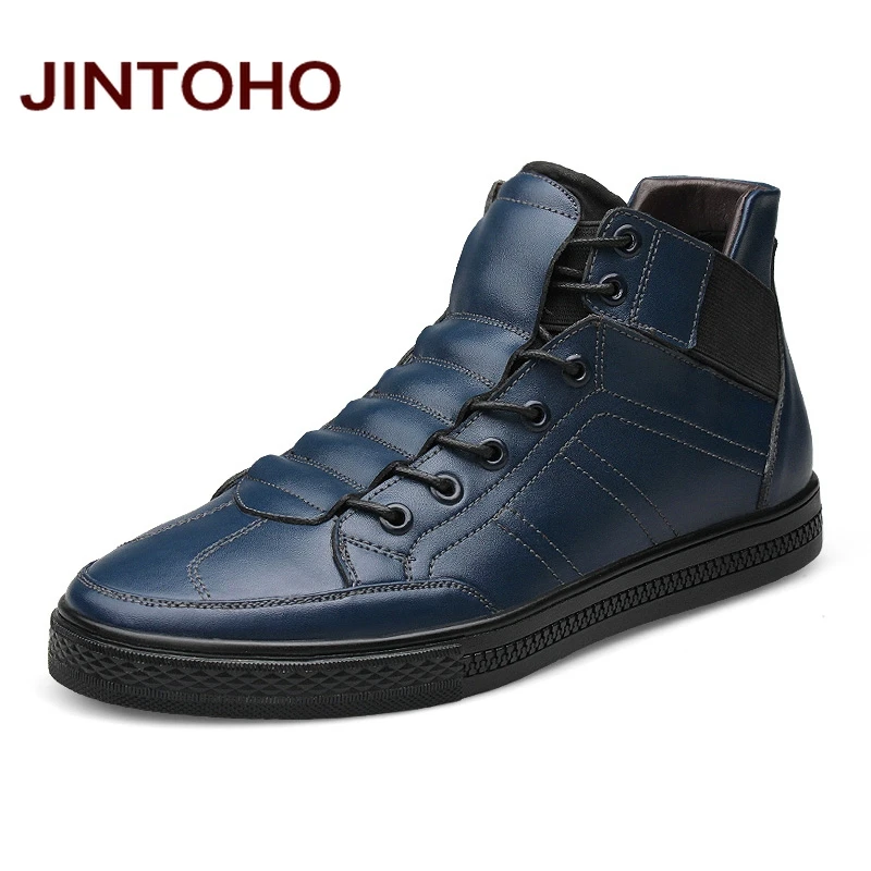 JINTOHO/высококачественные мужские ботильоны из натуральной кожи; итальянские мужские ботинки из натуральной кожи; Мужская зимняя обувь с мехом; ботильоны - Цвет: lan se