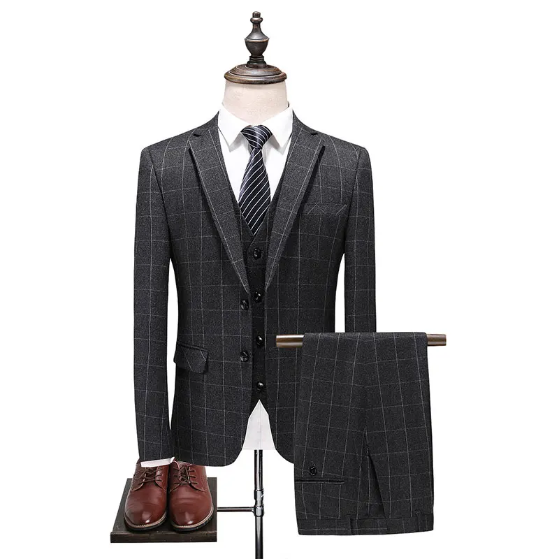 

(Jacket+Pants+Vest)Suit Men 2018 Brand Slim Fit Mens Gray Plaid Suits British Style 3 Piece Groom Wedding Classic Suits Homme
