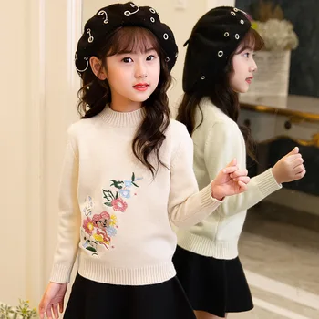 

2018 Embroidery Sweater For Girls Floral Baby Girl Winter Clothes Knit Girls Long Sleeve Tops Kids Christmas Sweater 4 6 8 10 12