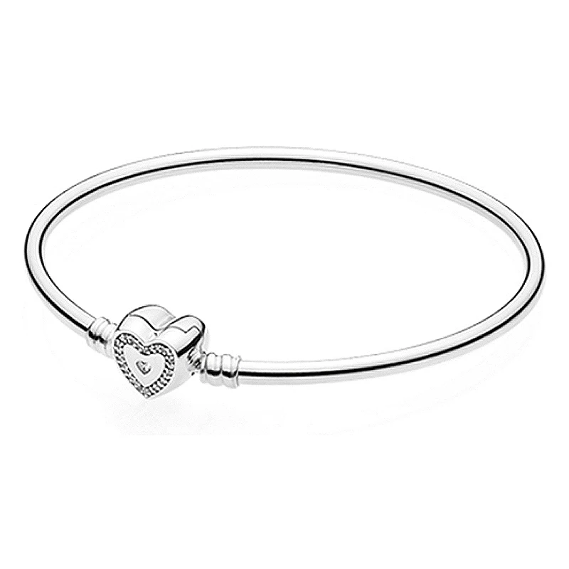 

New 925 Sterling Silver Bangle Crystal Wishful Heart Moments Snake Chain Bracelet Bangle Fit Women Bead Charm Pandora Jewelry