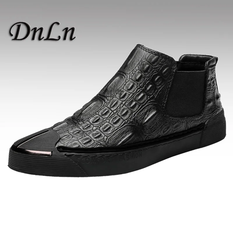 

Slip-On Round Toe Men Chelsea Boots British Style Fashion Ankle Boots Corcodile Print Genuine Leather Male Shoes 25D50