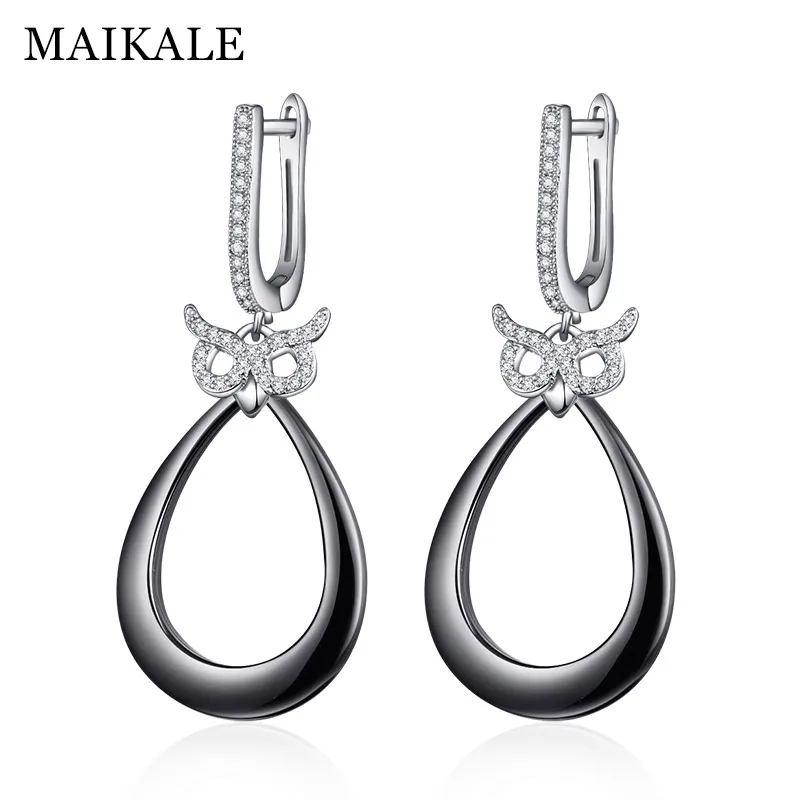 

MAIKALE Korean Black Ceramic Earrings Owl Shape Cubic Zirconia Oval Silver Dangle Drop Earrings for Women Fashion Jewelry Gifts