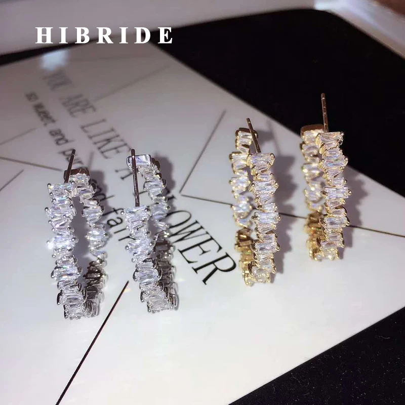 HIBRIDE Luxury Crystal Baguette Hoop Earrings For Women Jewelry Fashion Wedding Brincos Party Hoop Earring Wholesale E-876
