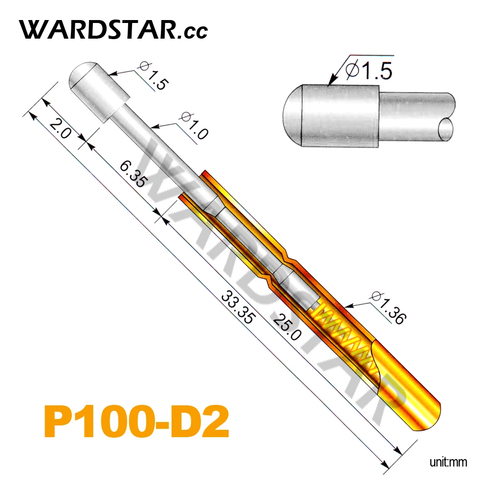

100pcs/lot P100-D2 Dia 1.5mm Spring Test Probes Pogo Pin Length 33.35mm (Stroke Spring Froce:180g) Wholesale